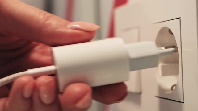 Close-up of a hand plugging a white charger adapter into a wall electrical outlet.