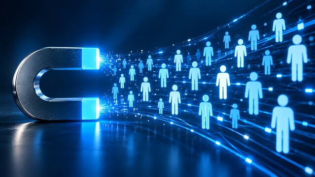 Inbound marketing lead generation concept showing a large magnet attracting target audience customer icons