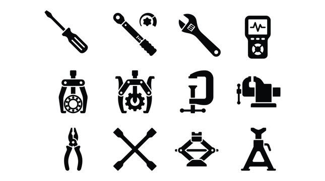 Collection of tool silhouettes against a white background depicting various repair implements silhouette screwdriver