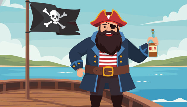 Classic pirate character standing on a wooden ship deck holding a bottle of rum next to a black jolly roger flag.