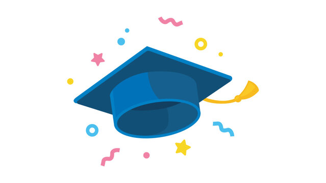 Graduate cap flying in air with confetti, graduation celebration isolated illustration. Flat cartoon style vector icon. 
