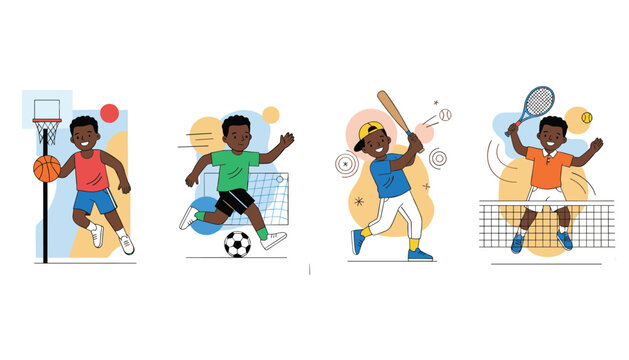 Collection of four young boys actively playing various sports including basketball, soccer, baseball, and tennis.