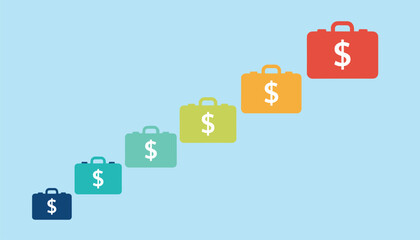 Obraz premium Six colorful briefcases with dollar signs are arranged in an upward diagonal line to represent business growth and rising profits.