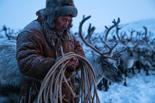 Reindeer herder coiling a lasso in a snowy Arctic landscape