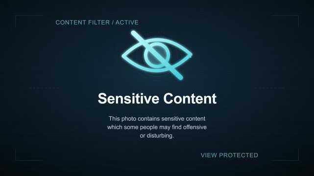 Teal glowing crossed-out eye icon on dark sensitive content alert screen with active filter label. Futuristic cyber interface signals protected viewing for moderation themes.