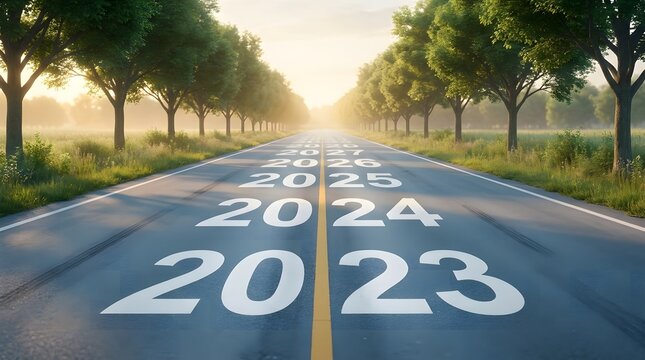Road ahead with years 2023, 2024, 2025,2026 and 2027 painted on the asphalt leading to the horizon