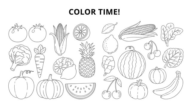 Detailed coloring page for kids featuring various healthy fruits and vegetables with the text Color Time.