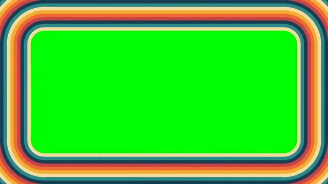 Retro seventies frame with concentric rainbow stripes and green screen center for chroma key. Rounded corners in orange, teal, and cream. Seamless loop for title cards and broadcast overlays.