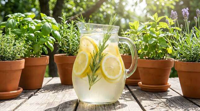Fresh Lemon Rosemary Infused Water Pitcher | Homemade Herbal Lemonade in Garden | Refreshing Summer Detox Drink Recipe