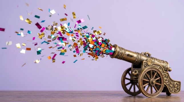 Miniature cannon firing colorful confetti photo, celebration concept with festive party elements on purple background