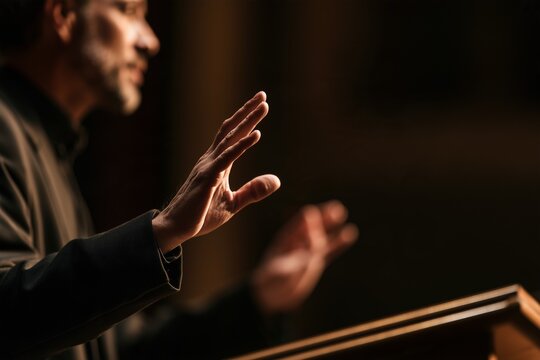 Sign language interpreter mid-gesture on a stage podium