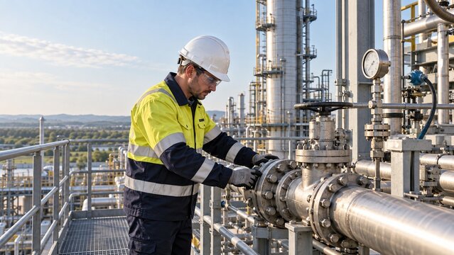Process Engineer Inspecting an Amine Carbon Capture Tower on a Protected Industrial Platform