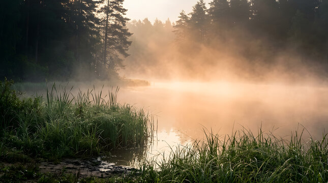 Misty Forest Lake at Golden Sunrise | Tranquil Foggy River Landscape Morning | Misty Nature Lake with Reeds