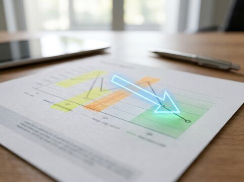 cost reduction performance analysis Business chart with downward arrow on paper beside pen and tablet