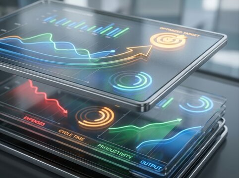 cost reduction performance analysis Transparent digital interface displaying business charts and data analytics