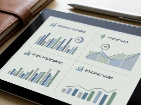 cost reduction performance analysis Tablet displaying business charts on expenses, productivity, profits, and efficiency.