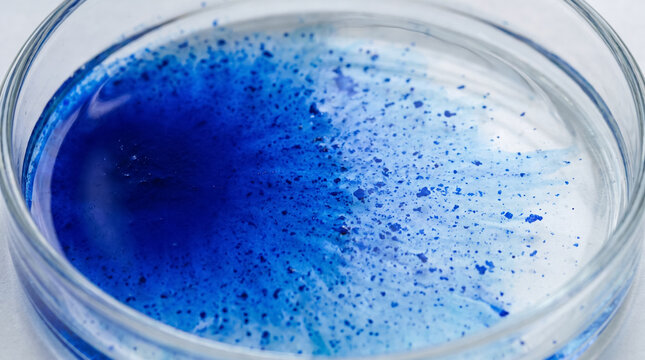 Deep blue pigment dissolving and separating into fine granulation in petri dish. Concept of chemical reaction, laboratory glass, liquid dispersion.