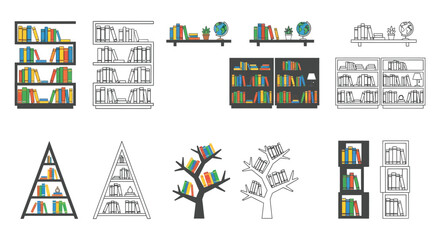 Collection of colorful bookshelf vector illustrations with books plants and decorative items © Md Robin khan