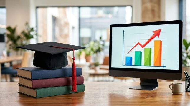 Graduation cap on stack of books with computer screen showing growth chart in office desk setup