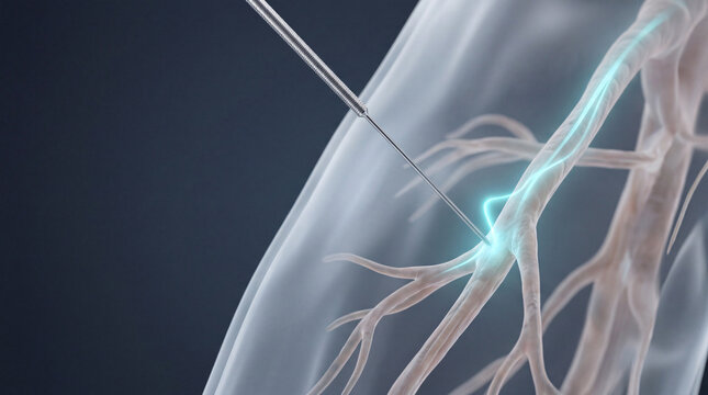 3D illustration of acupuncture needle stimulating nerve pathway