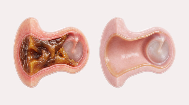 3D medical illustration comparing a healthy clean ear canal with an earwax cerumen impaction