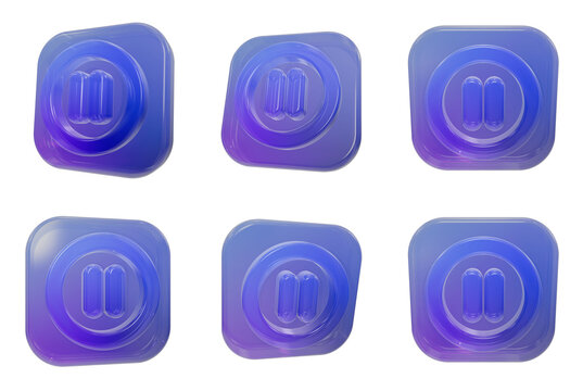 Glossy translucent blue glass pause button icons in various perspectives