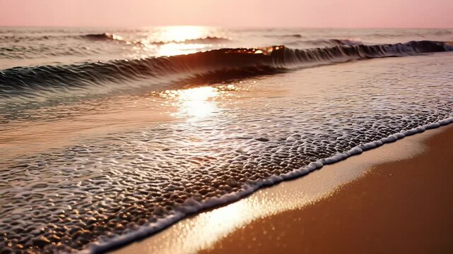 Golden sunset waves washing gently ashore on a peaceful sandy beach