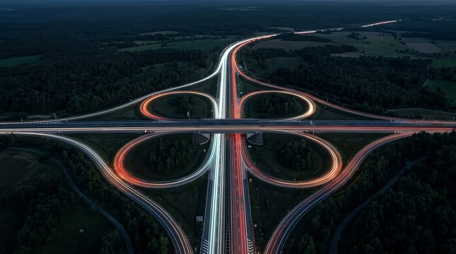 Aerial view of a cloverleaf highway interchange with light trails from moving cars at night