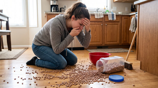 Frustrated and embarrassed woman kneeling on kitchen floor after accidentally spilling dry beans from container. Concept of kitchen accident, mess, clumsy woman.
