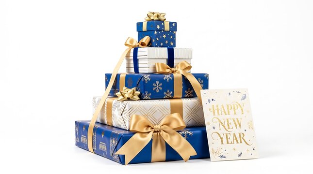 New Year gift boxes stacked with a greeting card on a white background