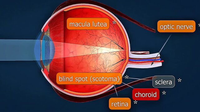Cutaway of the human eye showing the cornea, iris, lens, retina, vitreous body, and optic nerve.