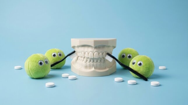 Teeth cleaning model with funny green germs holding toothbrushes on blue background