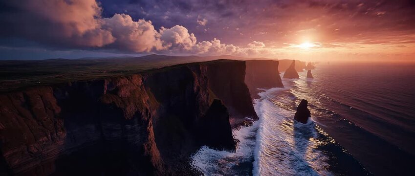 Aerial view of dramatic coastal cliffs and sea stacks at sunset