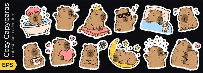 Fototapeta premium Cartoon child cozy and cute capybara forest with sticker capibara kawaii. Coquette collection animal and pattern adorable clipart with drink cake happy. Background cartoon summer and zoo cute