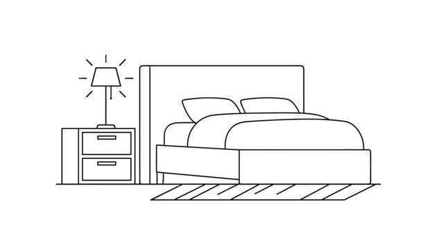 A clean black and white line art illustration of a modern bedroom interior with a comfortable double bed, nightstand, and glowing lamp.