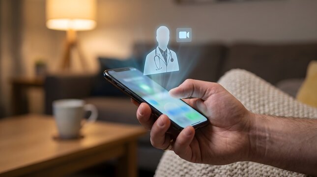 Telemedicine smartphone app projection, futuristic digital healthcare hologram consultation, remote doctor video call at home