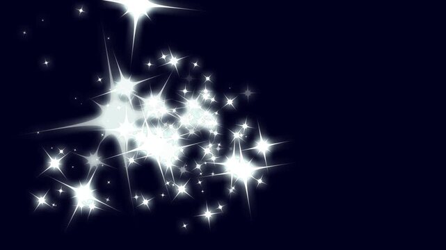 Shining white glitter sparkle star burst animation, 2D twinkling cartoon stars and glitter FX, particle magic tail sparkling glitter star dust trail loop animation on black screen