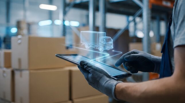 Smart Logistics Technology with Digital Delivery Truck Hologram on Tablet in Warehouse, Supply Chain Management