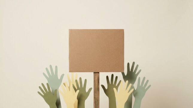 Cardboard sign with paper hands raised up in protest and demonstration mockup