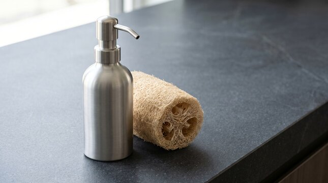 Minimalist refillable pump dispenser bottle made of brushed aerospace aluminum standing beside natural dry fibrous loofah plant sponge on honed dark quartzite bathroom counter for clean living