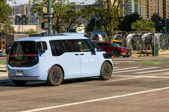 An Autonomous Waymo car on the streets in Denver Colorado USA