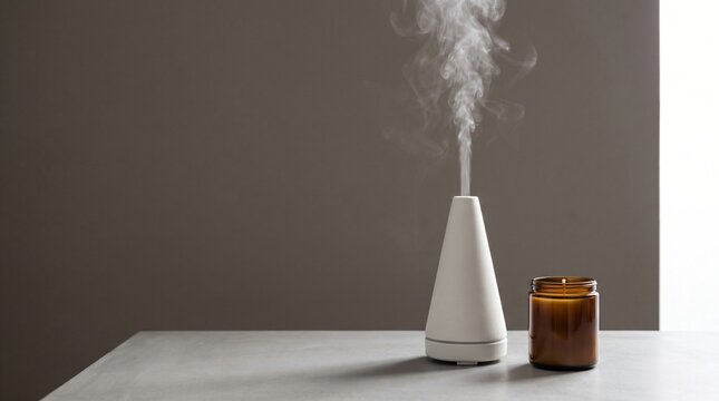 Modern minimalist matte white ceramic ultrasonic aromatherapy diffuser emitting cool fine vapor mist beside amber glass soy wax candle jar on cast concrete table for peaceful home wellness