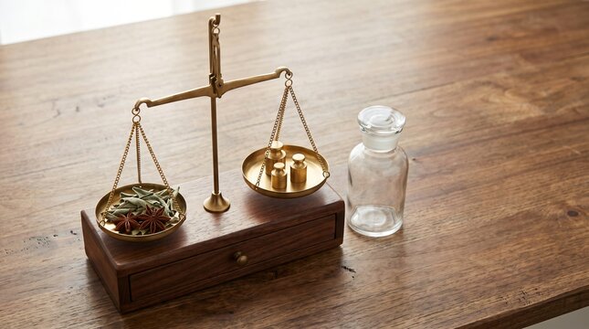 Antique style solid brass dual pan apothecary balance beam scale in equilibrium with dried whole sage leaves and brass weights on dark walnut apothecary counter for herbalism pharmacology
