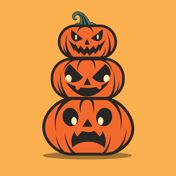 Three Stacked Halloween Pumpkins with Scary Faces, Spooky Jack-o'-Lantern Vector Illustration