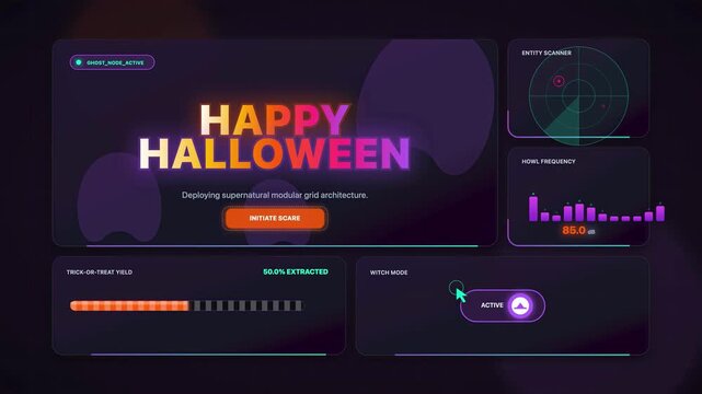 Halloween data analytics interface showing spectral pulse metrics, spooky howl frequency charts, and trick or treat yield status bars for occult themed digital holiday event video animation production