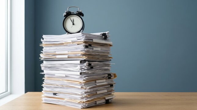 Paper stack photo with alarm clock on wooden desk and blue wall