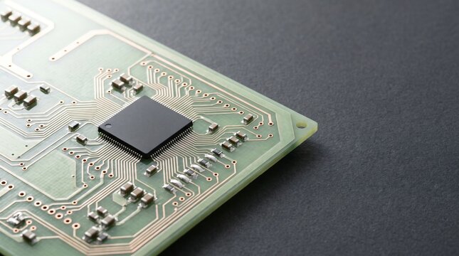 Biodegradable printed circuit board prototype crafted from translucent green plant cellulose nanofiber substrate with copper conductive traces and blank chip on basalt stone for green tech
