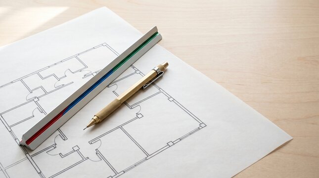 Architectural floor plan schematic drawing on translucent vellum drafting tracing paper with triangular satin silver aluminum scale ruler and brass mechanical pencil on birch drafting table