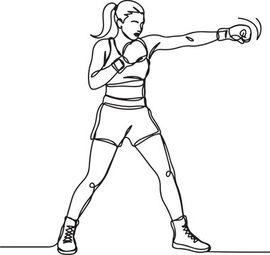 One continuous line drawing of young sporty woman boxer pose punch elegantly. Competitive combat sport concept. Dynamic single line draw design vector. one line Icon drawing