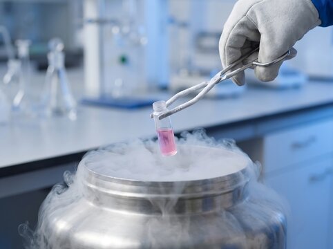 Scientist Holding Sample Vial Over Liquid Nitrogen Tank in Laboratory &ndash; Cryopreservation, Biotech, and Medical Research Business Concept for Healthcare Industry